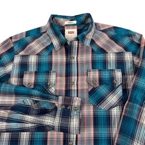 Levis Shirt Mens Medium Multicolor‎ Plaid Western Pearl Snap Standard Fit Casual